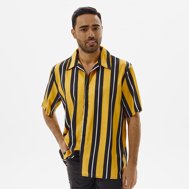 2024 Men's Hong Kong Style Striped Contrast Color Lapel Shirt - Loose, Short-Sleeved, Single-Breasted, Summer Fashion