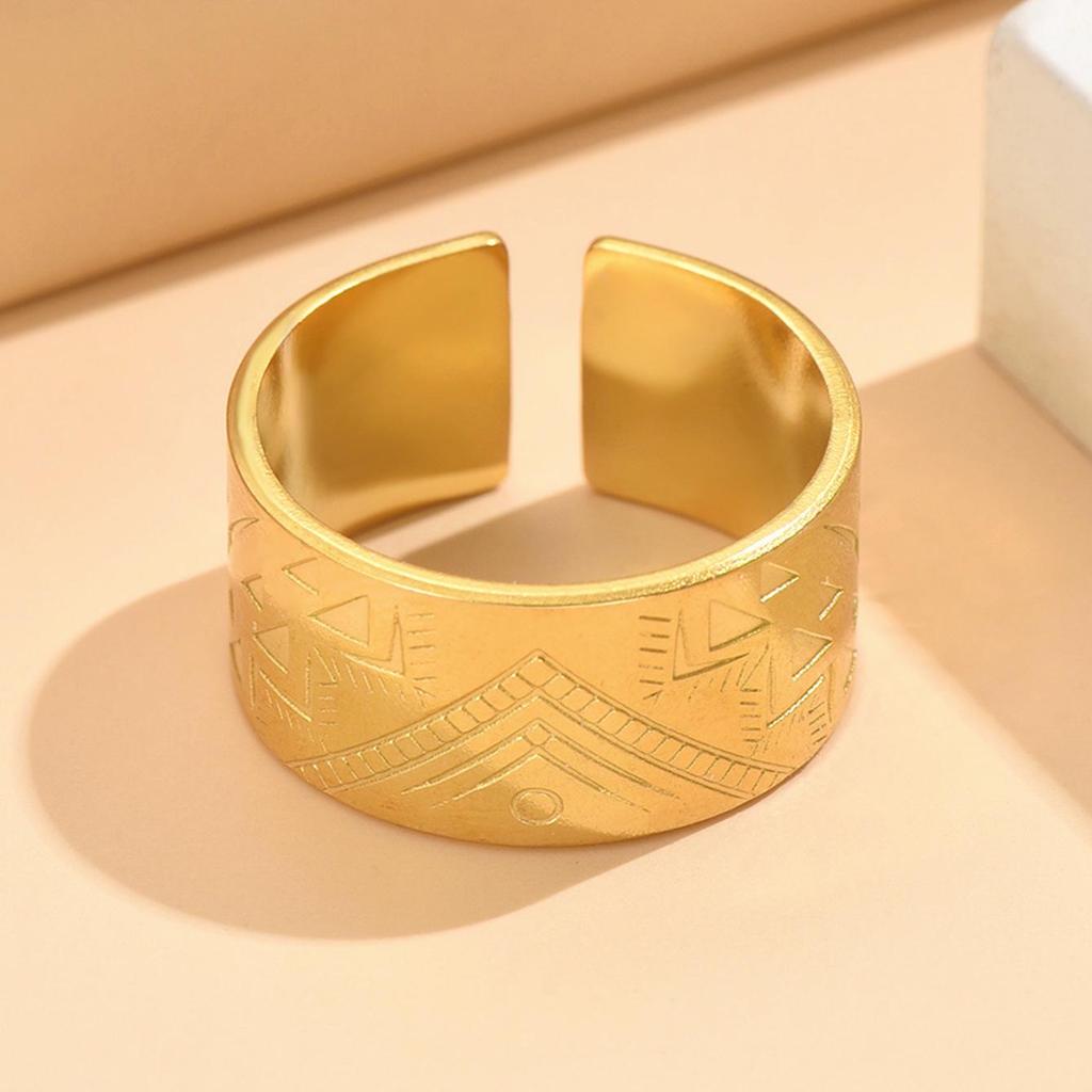 European Wide Band Retro Totem Pattern Adjustable Stainless Steel Ring for Men and Women Titanium Steel Jewelry