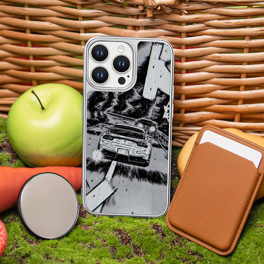 Racing Initial D Anime Sports Car Phone Case for iPhone 16 15 14 13 12 11 Pro Max Sheepskin Silver-edged Protective Case