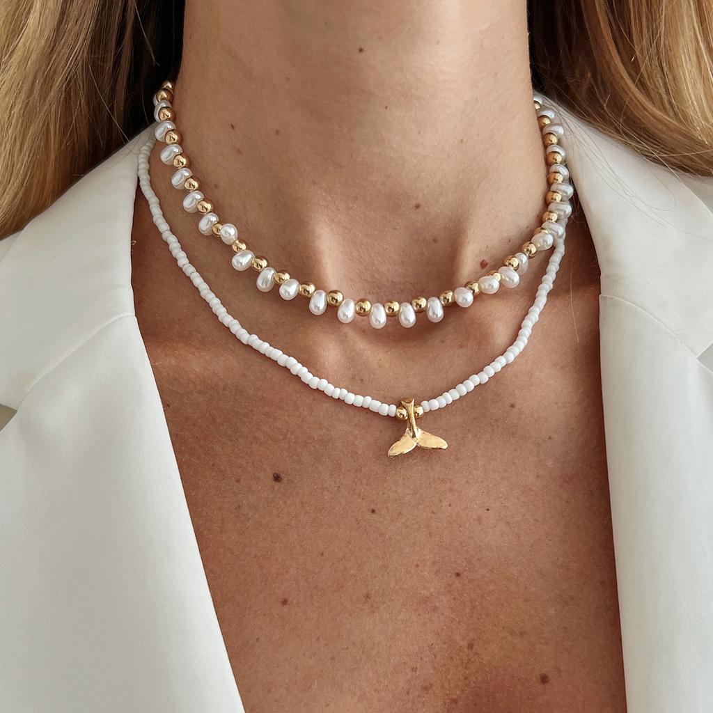 Ocean Wind Oil Drip Shell Fish Tail Pendant Necklace, Baroque Pearl Beaded Clavicle Necklace