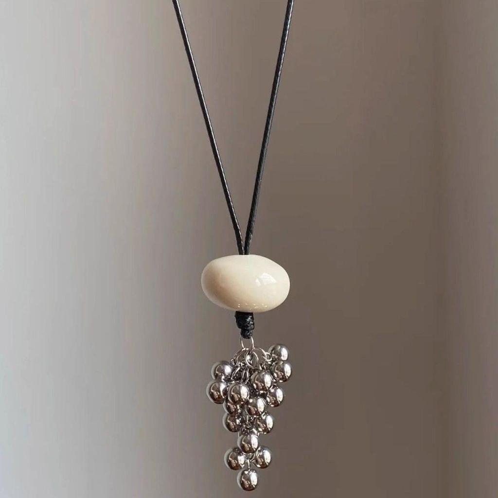 Korean INS Style Silver Grape Cluster Pendant Tassel Leather Cord Long Necklace for Women - Niche Design Sweater Chain Accessory