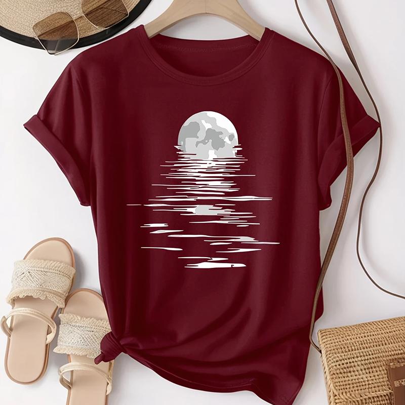 

Женская летняя футболка с принтом луны в стиле ретро, футболки с коротким рукавом, повседневные топы с принтом 8XL красный