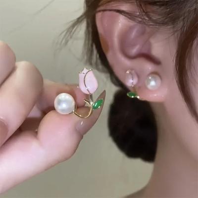 Světle růžové tulipánové náušnice s perlou pro ženy Korejské zirkony Nádherné náušnice Párty Vánoční šperky Dárek