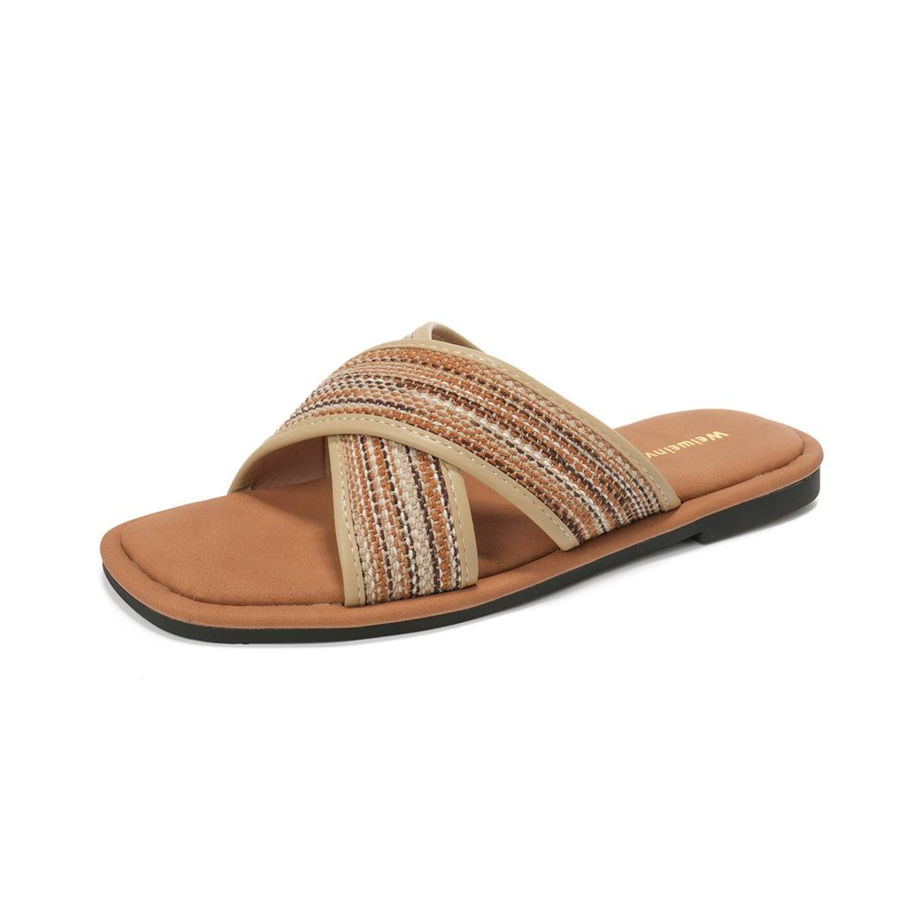 Retro flat-bottomed woven cross-strapped slippers women's summer outer wear design sense niche cool slippers