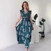 2024 Summer European & American Women's V-Neck Tie Waist Sleeveless Print Dress