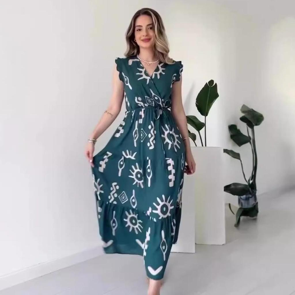 2024 Summer European & American Women's V-Neck Tie Waist Sleeveless Print Dress