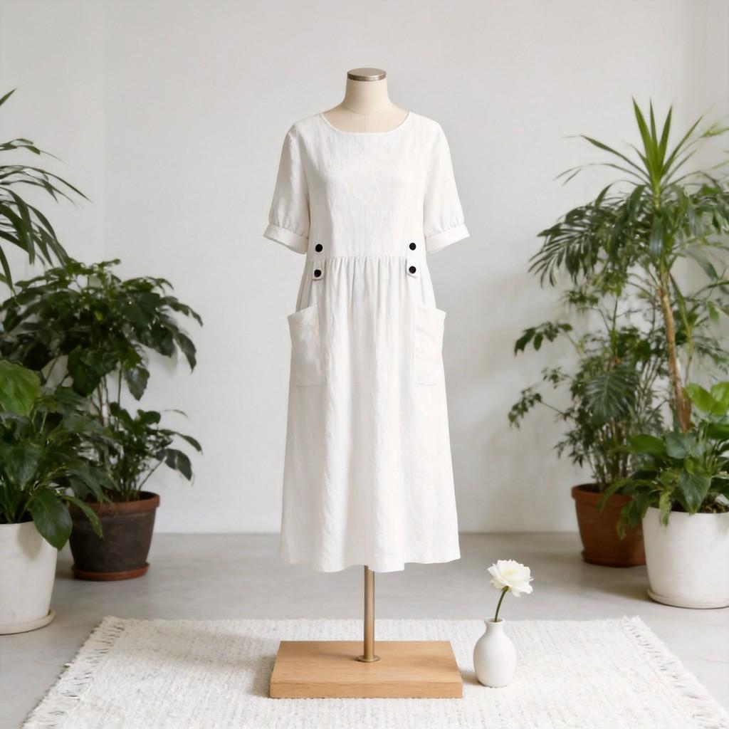 Baumwoll-Leinen A-Linien-Kleid mit Rüschen-Details für den sommerlichen Freizeitlook