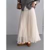 Qooth Tulle Pleated Midi Skirt Elastic High-Waist Draped Skirt Flowy Fairy Half Skirt for Women QT2987