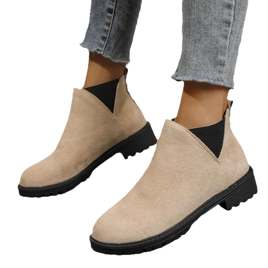 Fashion Women's Casual Fashion Round Toe Chunky Heel Suede Ankle Boots With V-cut, 7cm Heels For Work And Anti-slip Outfits 2025