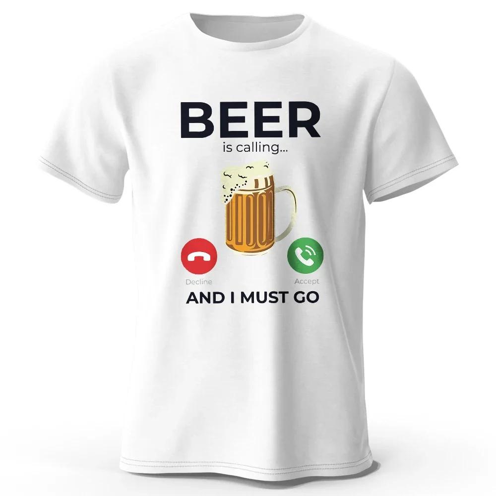 

Beer Is Calling I Must Go Printed Men s T-Shirt 100% Cotton Oversized Funny Graphic Tees for Men Summer Tops 42827 S
