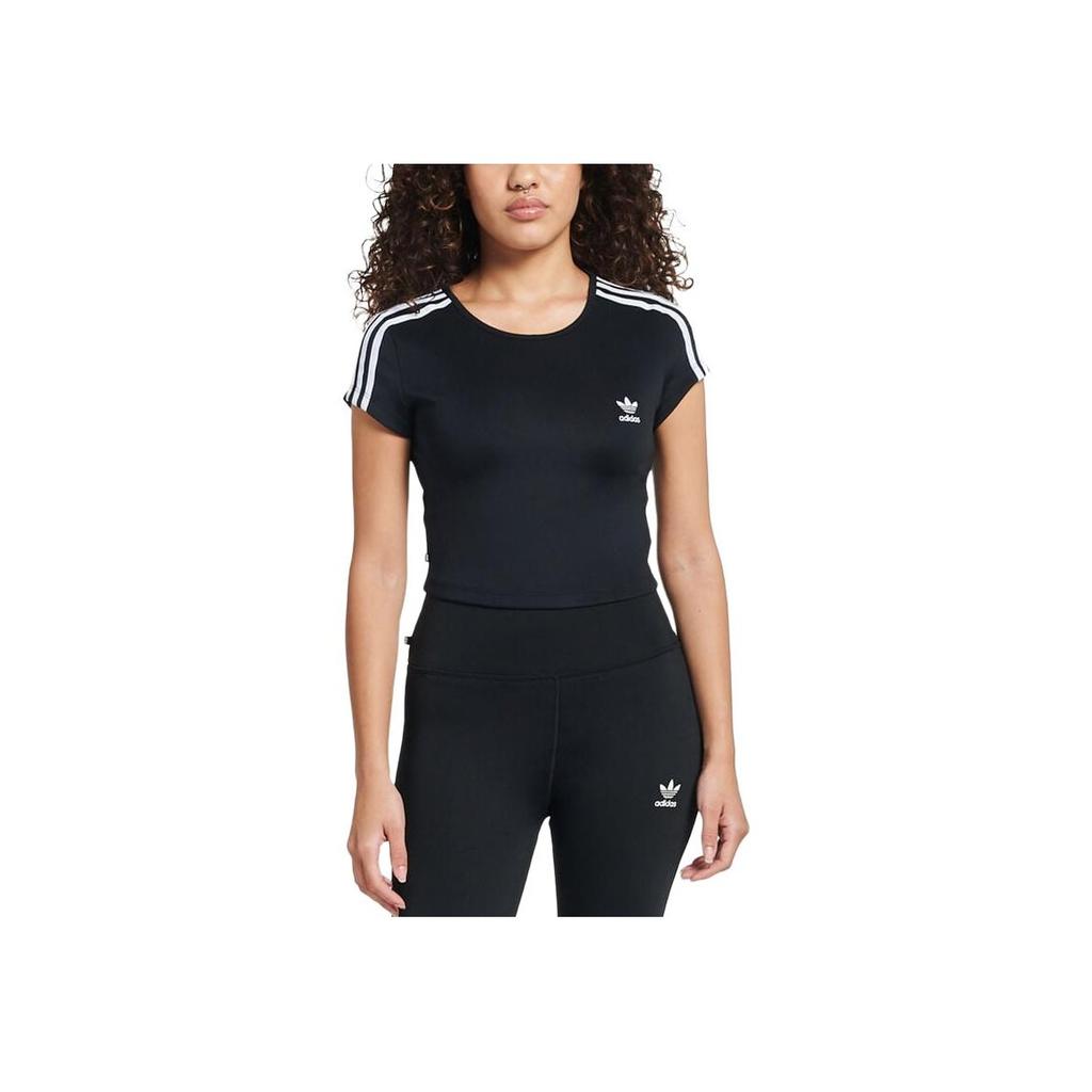 Adidas Originals Solid Stripe Logo Crew Neck Short Sleeve T-Shirt Women Tops Black HM4710