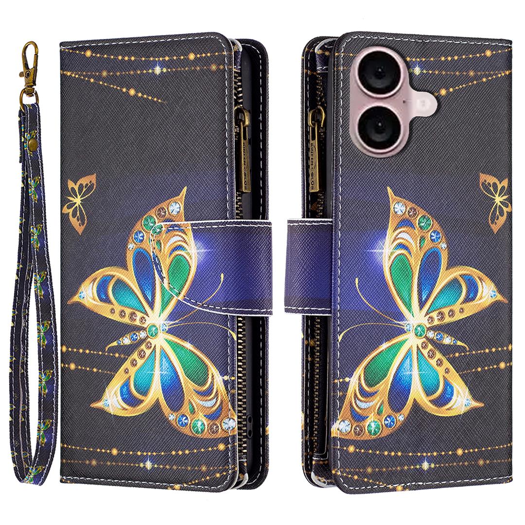

BF03 For iPhone 16 Plus Case Pattern Printing Zipper Leather Phone Stand Cover Rhinestone Butterfly