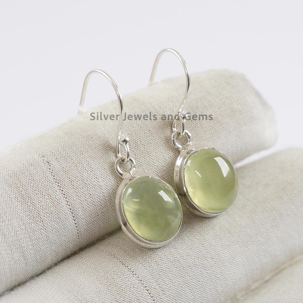 Oval Prehnite Earring, 925 Sterling Silver Dangle Earring, Natural Gemstone Earrings, Birthday Earring