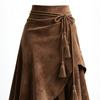 Brauner Wildleder-Midirock Federquaste Seilbindung Asymmetrischer Saum Vintage Lässig Unregelmäßiger Rock Damen
