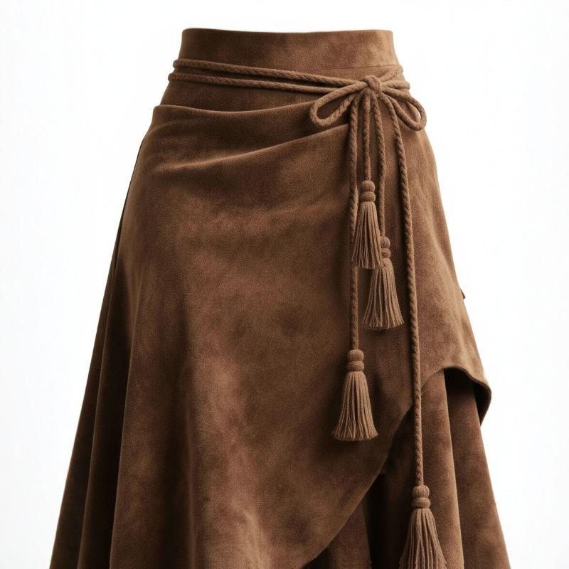 Brauner Wildleder-Midirock Federquaste Seilbindung Asymmetrischer Saum Vintage Lässig Unregelmäßiger Rock Damen