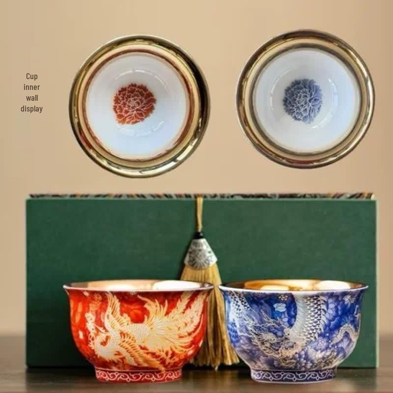 Chaxun Enamel Dragon Phoenix Gold-Plated Ceramic Teacup Pair Gift Set