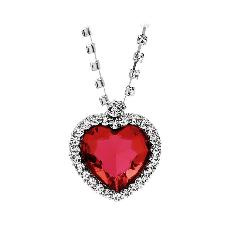 Fashion Heart Pendant Necklace for Women Elegant Blue Red Crystal Heart Charm Necklace Sweater Chain Movie Accessories Jewelry