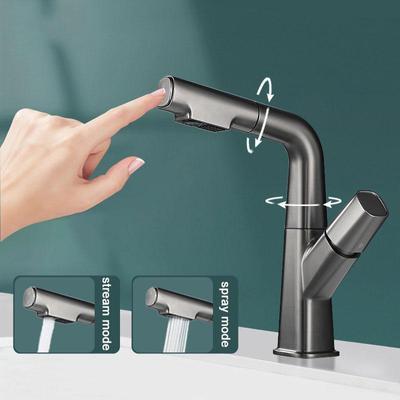 Gray Kitchen Sink Faucet 360 Degree Rotating Pull Out Button Key Basin Faucet Single Handle Hot Cold Mixer Tap