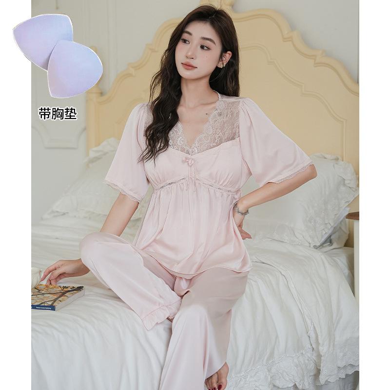 New pajamas, tops, trousers set, exquisite lace ice silk two-piece set, women's summer cool and comfortable loungewear