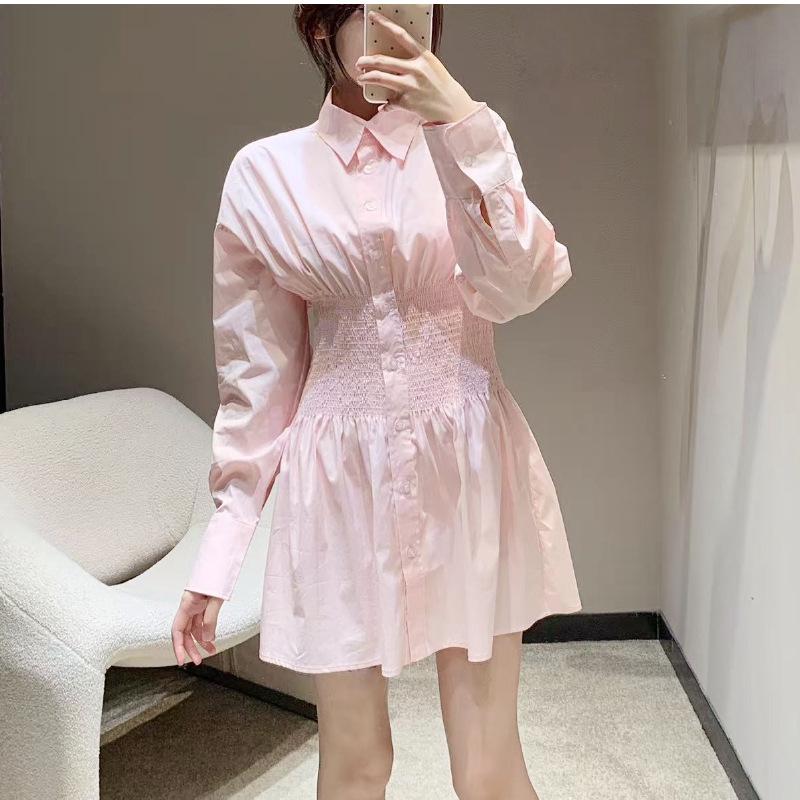 2024 Women's Summer Long Sleeve Shirt Dress with Turn-Down Collar and Waist Tie
