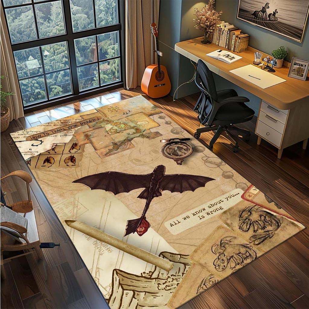 Black Dragon Polyester Area Rug Dark Fantasy Fire Dragon Carpet Non Slip Living Room Bedroom Floor Decor -QJY