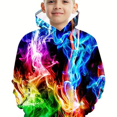 Vibrant Flame Print Kid's Long Sleeve Hoodie - Soft, Breathable, and Comfortable for Spring and Fall - Trendy Boy's Clothing for Casual Wear