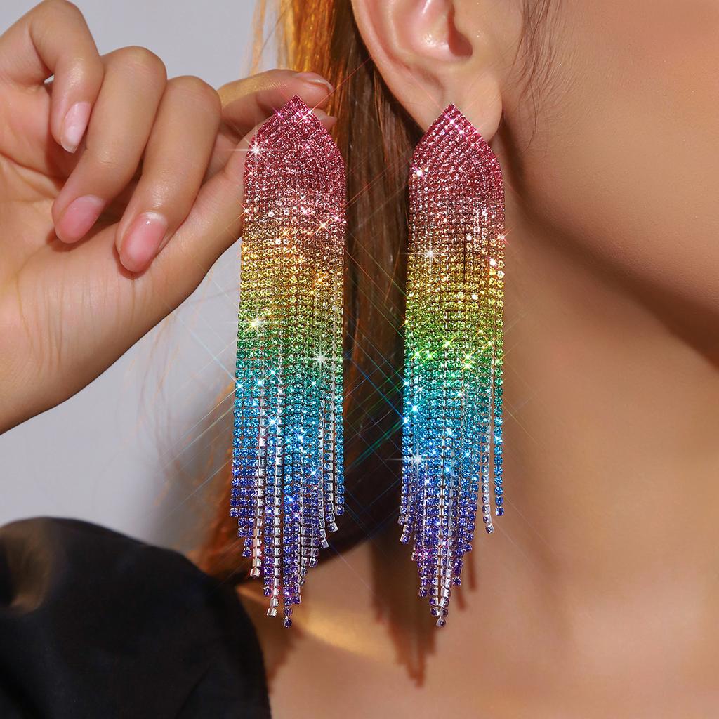 Beliebter Schmuck Luxus glänzender Strass lange Fransenohrringe