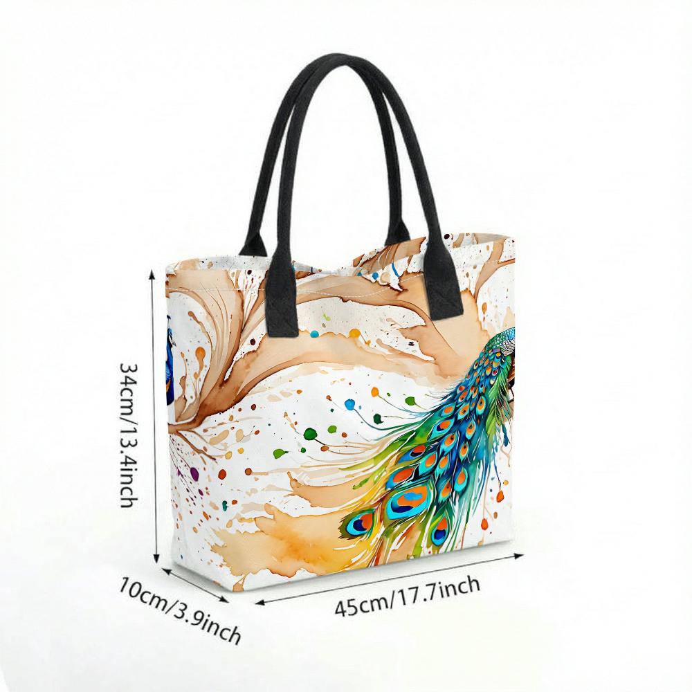  Watercolor Peacock Print Large Tote Bag Fashion Casual Large Capacity Daily Top Handle Shoulder Handbag