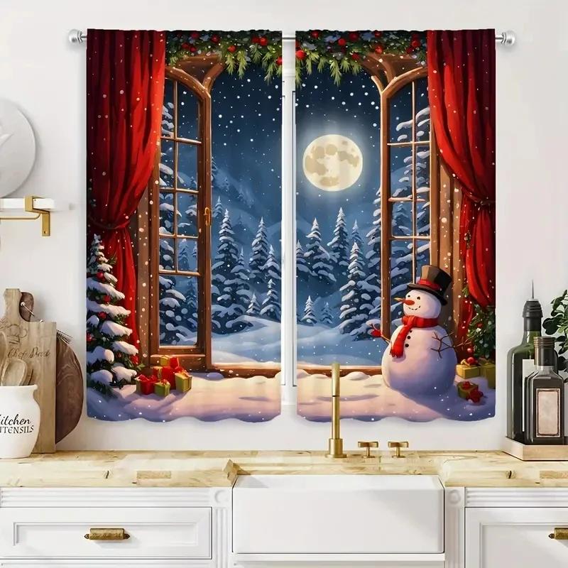 3D 2pcs,Christmas Snowman,Red Cow Checkered Pattern With Rod Pocket Mount Digital Printed Curtains For Bedroom Living Room Kitch
