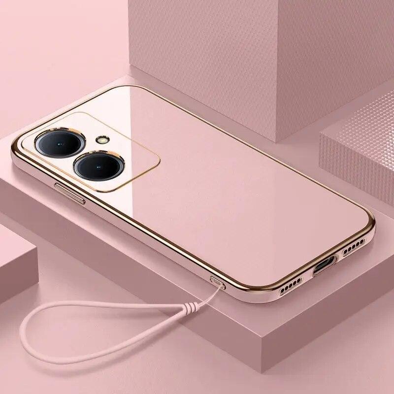 

Чехол для vivo Y27 vivo Y35 + чехол для телефона VIVO Y78 Y78 Plus V29 lite, чехол VIVO V2249, роскошный противоударный чехол с квадратным покрытием For vivo Y78&Case & Strap светло-розовый