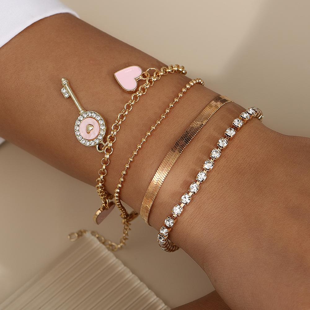 4pcs/set Romantic Crystal Key Love Heart Charm Bracelets for Women Girls Gold Color Chain Bracelet Bangle Jewelry Gifts