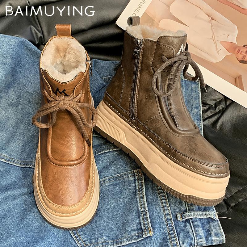 Platform Women Snow Ankle Boots Short Plush Mid Heels Cotton Shoes Winter 2025 New Trend Designer Lace Up Warm Botas De Mujer