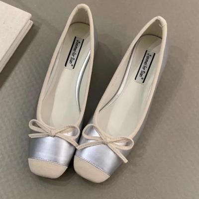 Women's Single Shoes Spring New Square Head Splicing Butterfly Knot Soft Sole Anti-slip Wear-resistant Low-top Shoes