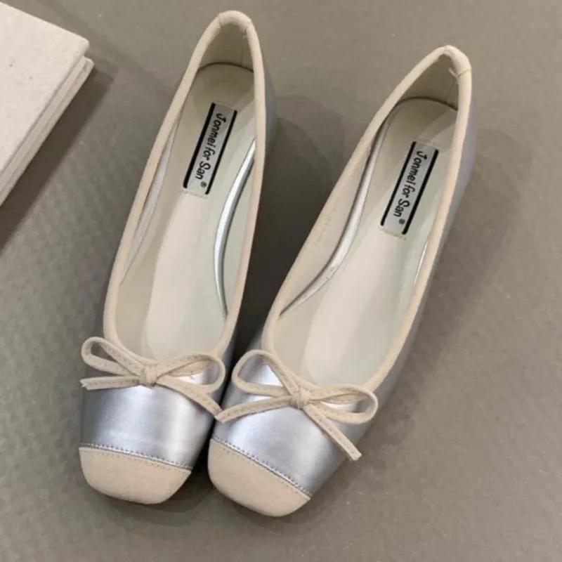 Fashion Women's Single Shoes Spring New Square Head Splicing Butterfly Knot Soft Sole Anti-slip Wear-resistant Low-top Shoes