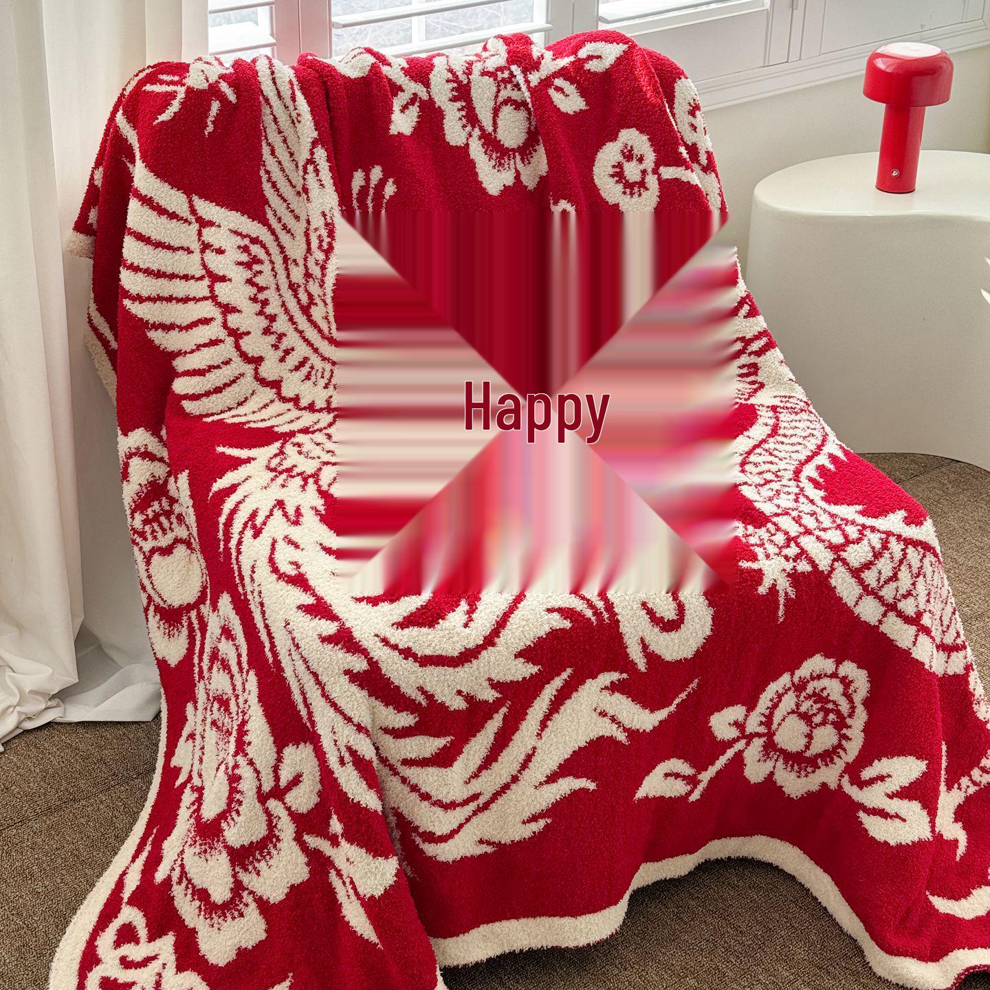 Red Dragon & Phoenix Wedding Tassel Pendant Blanket - Handmade Knitted Half Velvet Double Happiness Design 130x160 cm