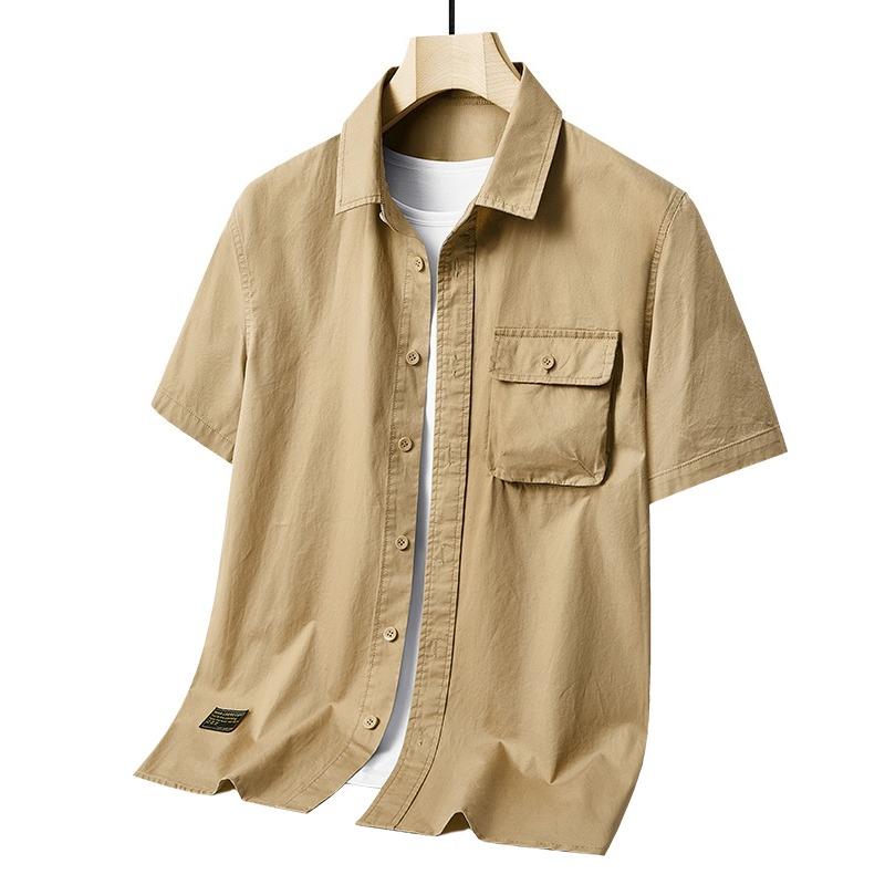 Men's Summer Cotton Short Sleeve Polo Collar Shirt Multiple Pockets Workwear Loose Plus Size Thin Casual Top for Middle Aged Young