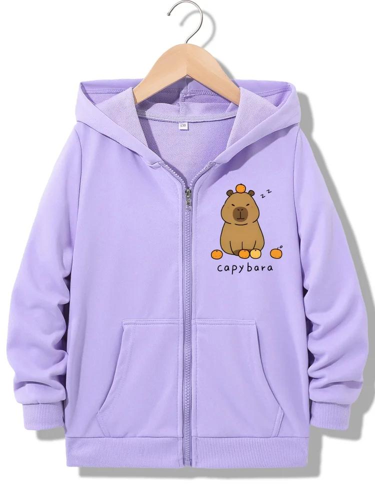 Children Full Zip Hooded Sweatshirt Cartoon Capybara With Oranges Letter Print Loose Daily Outerwear With Front Pocket