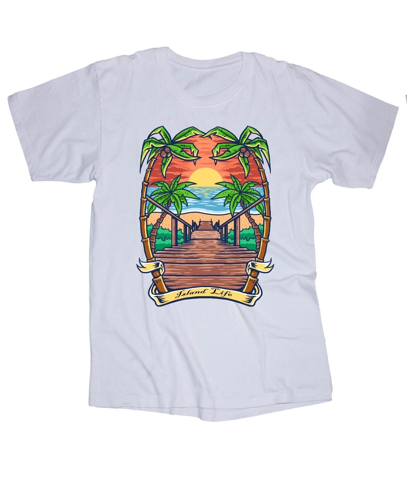 Island Life Caribbean Ocean waves palm tree sunset Paridise walk white T-shirt 4XL