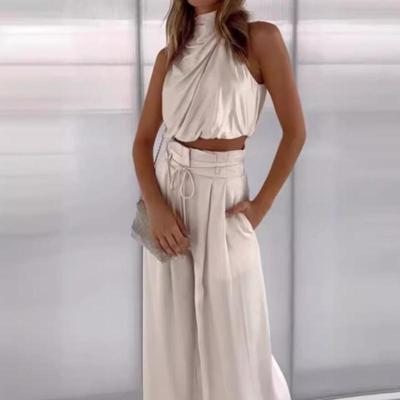 Two Piece Pants Sets Women Outfit Silk Pleated Texture Sleeveless Top Wide Leg Pants Set Summer Matching Sets