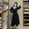 Women's Japanese Style Long Sleeve Polo Dress with Waist-Cinching & Slit A-Line Skirt - Contrasting Colors, Faux Two-Piece, Spring Arrival