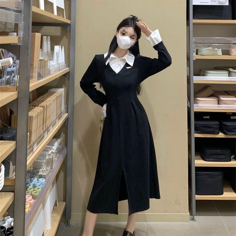 Women's Japanese Style Long Sleeve Polo Dress with Waist-Cinching & Slit A-Line Skirt - Contrasting Colors, Faux Two-Piece, Spring Arrival