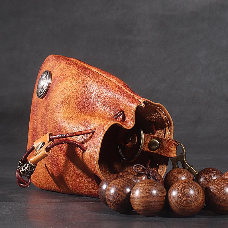 Vintage Cowhide Coin & Key Pouch - Waist Bag with Drawstring Storage