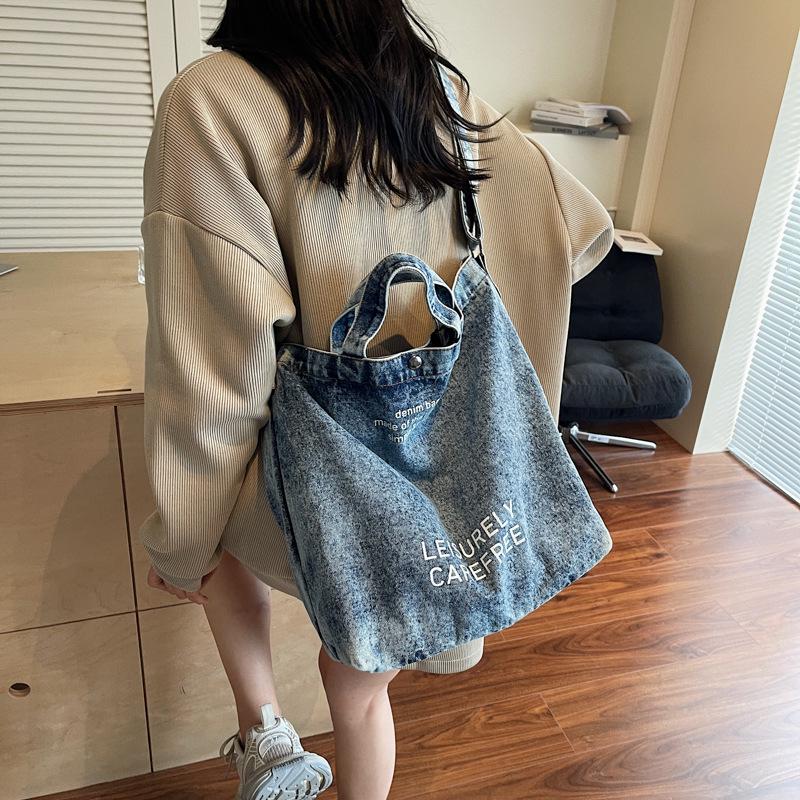 Korean Style Washed Denim Crossbody Tote – Large Capacity with Retro Letter Print (2025 Edition)
