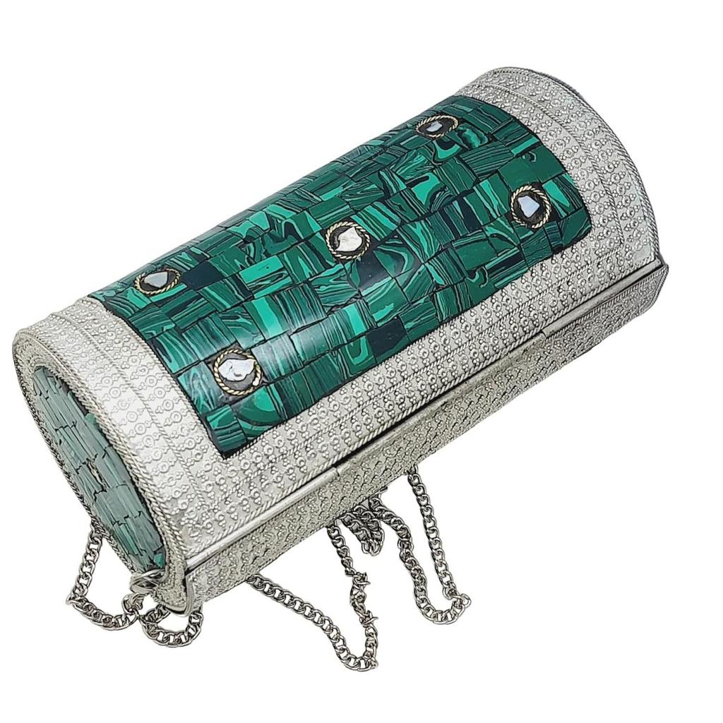 Eye Catching Handmade Cylinder Round Ethnic Stone Metal Bag Antique Bridal Clutch