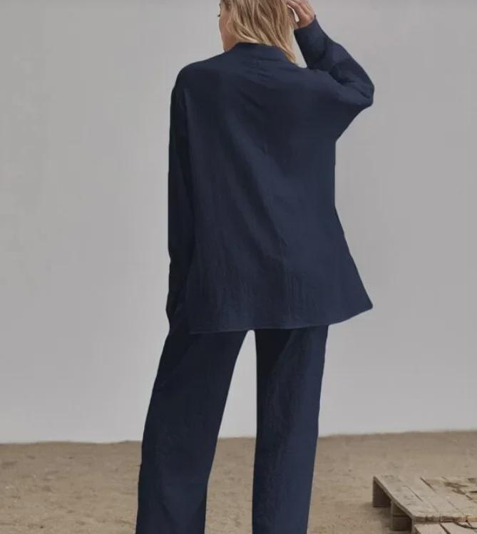 Dames Herfst 2022 Effen Kleur Casual Pak: Shirt met lange mouwen & Broek met elastische taille