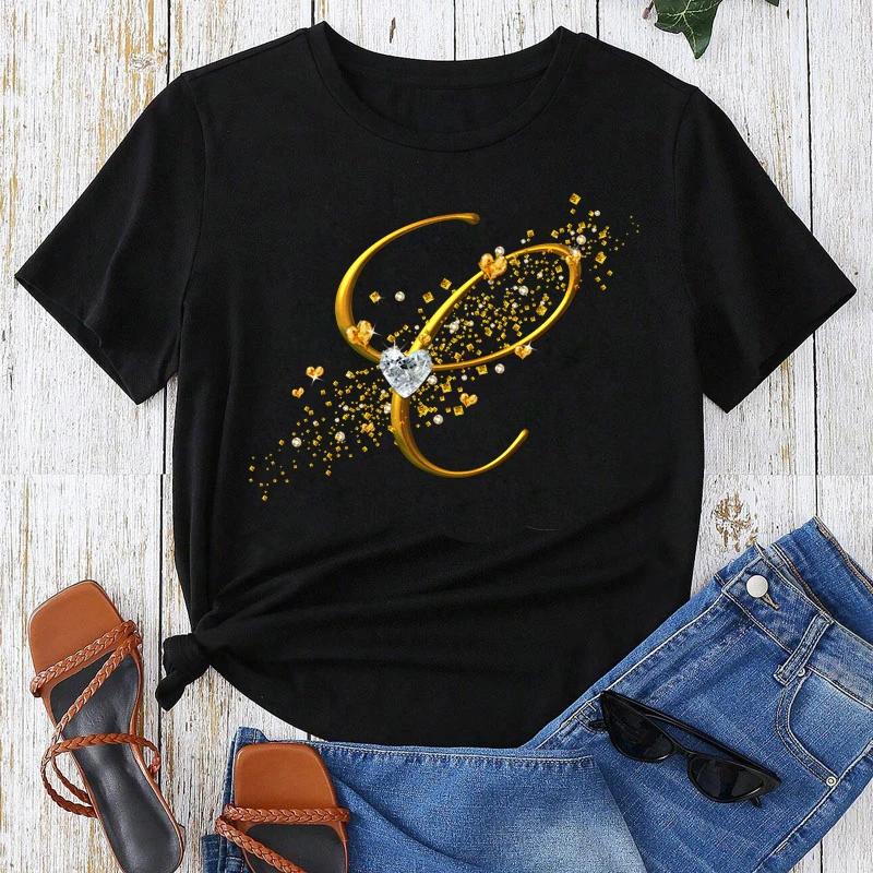 Custom Name Letter Combination Gold Letter Font Short Sleeve Tops Black T-shirt Female Tops