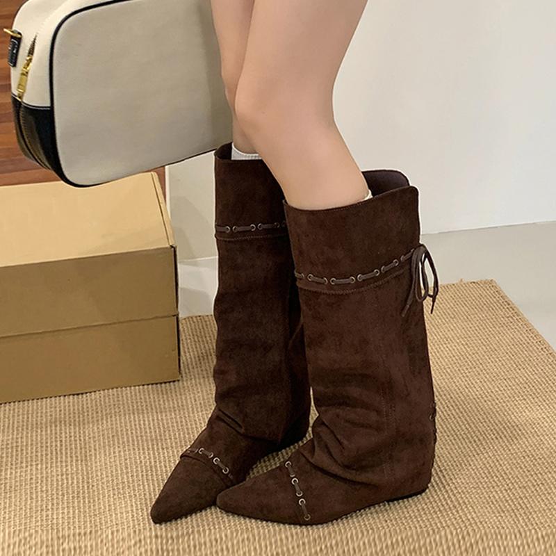 Fashion Liyke Fashion Design Drawstring Lace Up Knee High Boots Women Vintage Pointed Toe Inside Height Increasing Long Shoe Botas Mujer