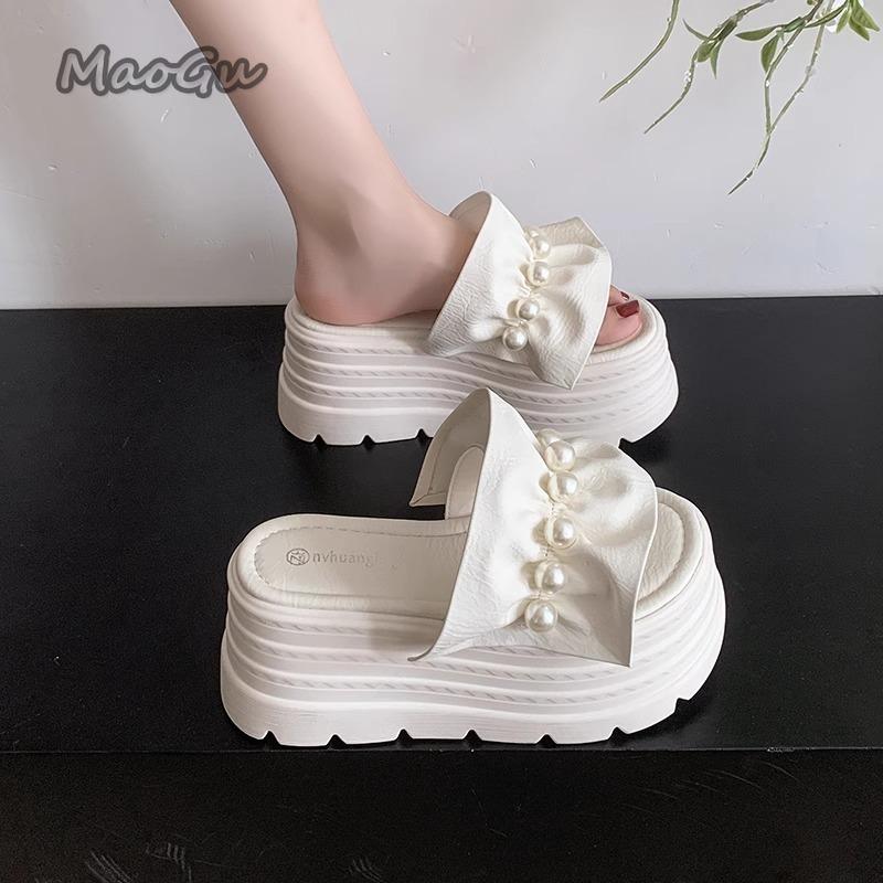 Fashion 8CM Platform Sandals for Women's Summer Footwear Fashion Pearl Bead Thick Bottom Slides Ladies Beach Slippers Sandalias De Mujer