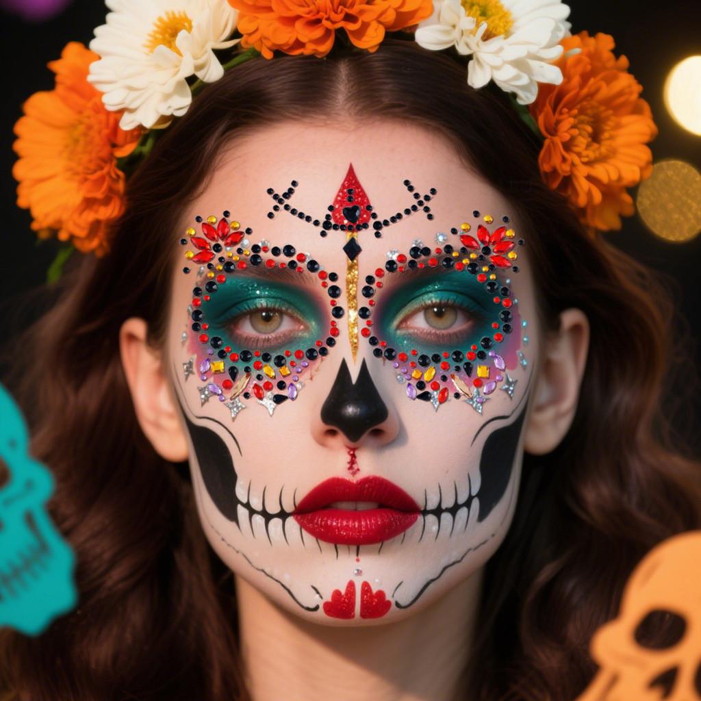 Skull Face Diamond Sticker With Colorful Flowers For Party Makeup And Stage Decor