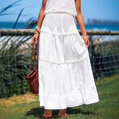 Women's White Elastic High Waisted A-Line Long Skirt Solid Color Cake Skirt